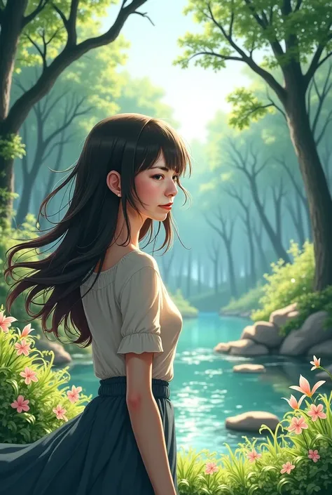 Create an anime woman enjoying a beautiful sunny afternoon in the woods that is super realistic