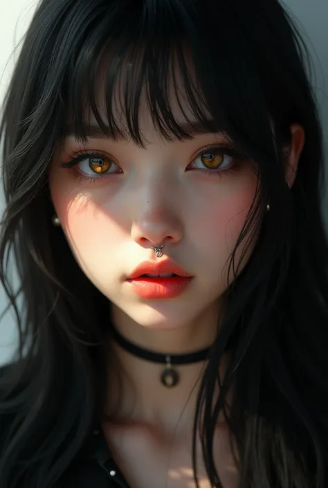  Create a 17-year-old girl with semi-long black hair,  big honey eyes,  Thick lips , with two nose piercings  