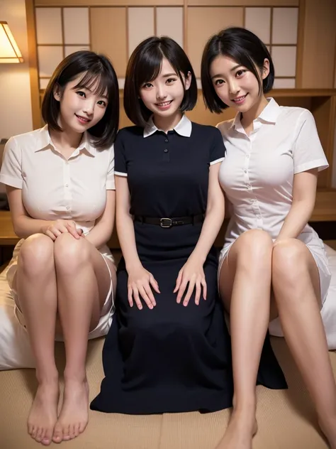 ( high definition)、( High Quality )、( short hair as left eye)、(tight, short-sleeved dress)、(Collared dress)、( two Japanese girls :1.3)、( bed)、(Big Breasts)、(smile)、(Sit with your legs open to the side:1.2)、( vagina:1.2)