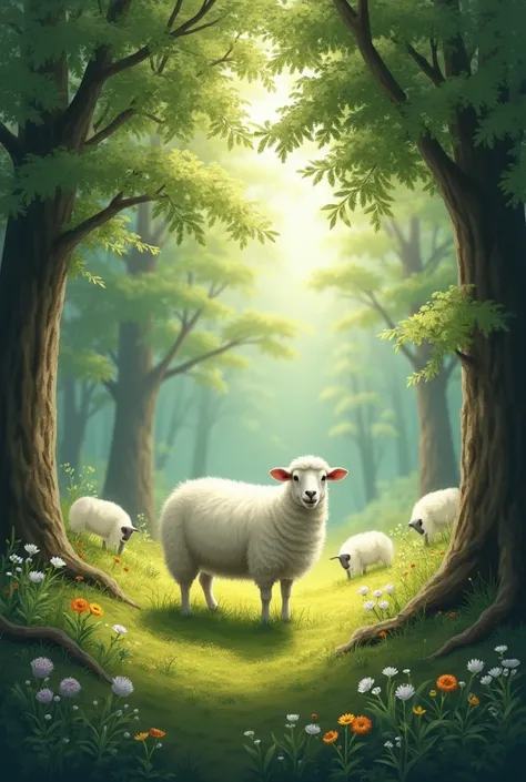 A sheep with her flock in a forest