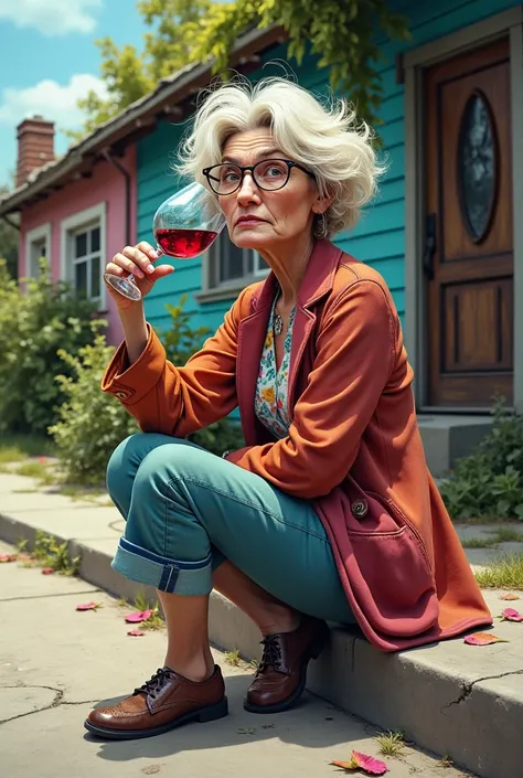 loony woman on the sidewalk drinking wine in front of her house