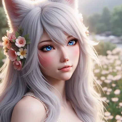 A beautiful kitsune woman on a beach. White hair with bangs, blue eyes. Full body image, cinematic image, high details, dynamic lighting.