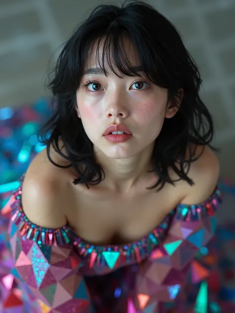 real photograph, (masterpiece), (highest quality), (Super detailed), (shape), View from above, one japanese girl, black hair, cute face, Melancholy expression, looking up, 
a Edda Gudmundsdottir design avant-garde offshoulder dress fully made from geometri...