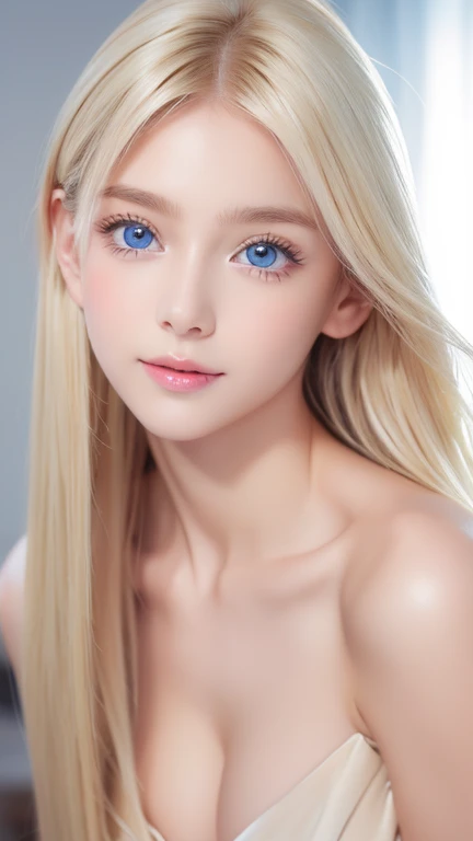  clear, bright white glossy skin 、 blond with strong winds flutters violently in front of a cute face 、 huge boobs、 cute sexy little beautiful face of a  、 beautiful super long straight blonde hair that shines 、Big bright light blue eyes that shine so beau...