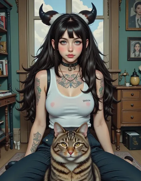 (Top quality, 8k, Masterpiece:1.3), 1 girl, absurdly long hair, (punk style room:1.5), tank top, loose wide pants, big cat on lap, highly detailed