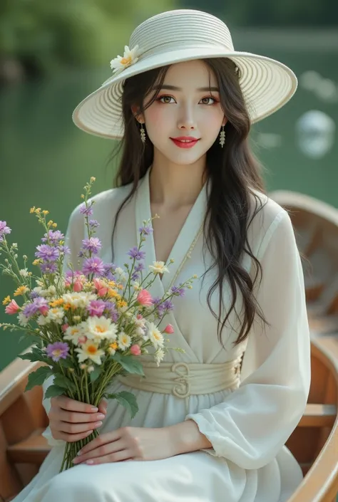 Hyper realistic PORTRAIT A very beautiful Korean girl with long straight hair slightly smiling looks at the audience.  wear a white high-collared chiffon collar dress with a Moroccan belt . Wear a white hat decorated with maroon flowers in the middle .  so...