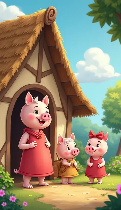 1. The main character in the picture, Mother Pig :  is on the doorstep of the house. It is a character who is saying goodbye to the three piglets. She looks adult, warm and generous, as she smiles and waves her hands.

2 . Three piglets:  flower and tree h...