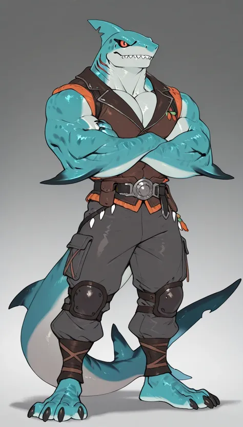 sharkman, anthro megalodon, darker hands and fins, black back, solo, big arms, bara, detailed skin, lizard shark hybrid, anthro, closed mouth, tribal polynesian tattoos, detailed shark skin, scalie arms, fins on arms, gray color body, beefy, thick scales o...