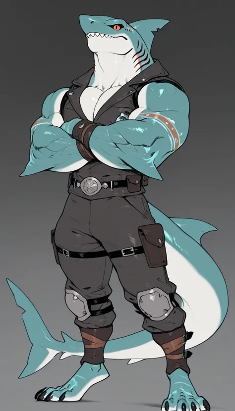 sharkman, anthro megalodon, darker hands and fins, black back, solo, big arms, bara, detailed skin, lizard shark hybrid, anthro, closed mouth, tribal polynesian tattoos, detailed shark skin, scalie arms, fins on arms, gray color body, beefy, thick scales o...