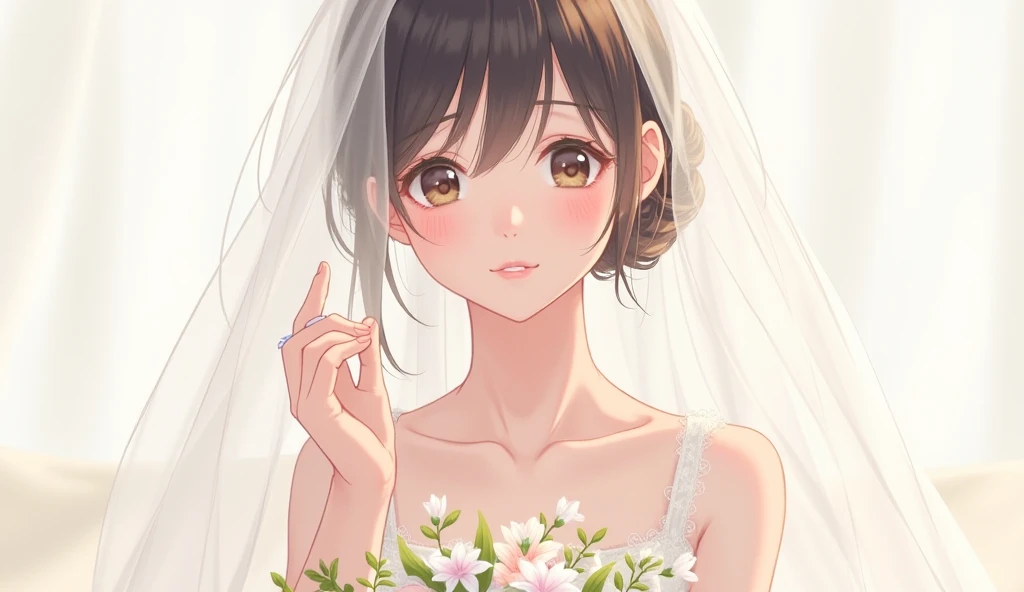 The bride with an idol face wearing a translucent veil
A simple silver ring with no decoration is worn only on the ring finger of the left hand holding the bouquet
Detailed anime-style illustrations