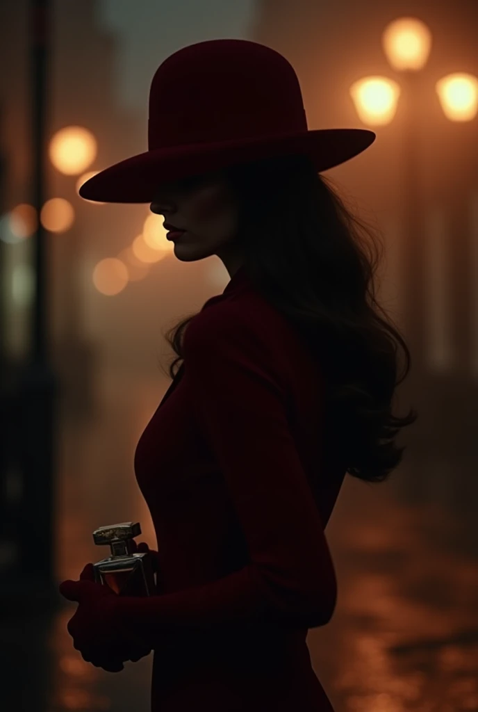 Silhouette An elegant young woman wears long hair in a red evening dress ,  evening dress wearing a hat is tilted slightly down showing only her lips with an enigmatic smile red lips gloves,Hollywood 40's 50  . a mysterious look and a bottle of perfume in ...