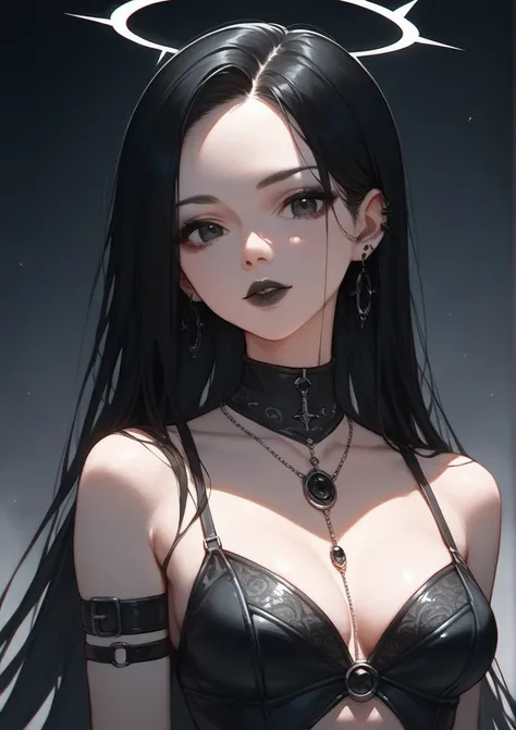 core_9,score_8_up,score_7_up,score_6_up, solo, face, Girl, Goth Girl, black hair, black eye, halo, long hair, medium breasts, (((jewelry))), (((anime))), look at viewer, 
