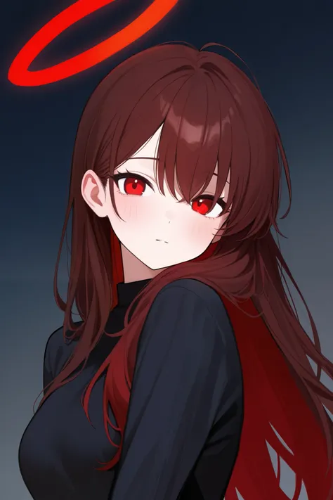 1 girl, Hair length reaches the back, Brown hair and red hair on the edges of the hair, red eyes, but not bright, ใส่ชุดกิโมโนเปิดหน้าอก, หน้าอกไซส์ปานกลาง, have a red halo