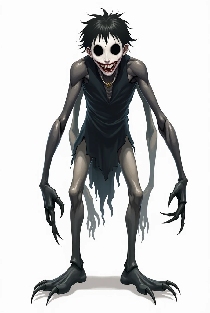  scary young adult boy with stylish black hair, with white face and black spots traced on the eyes , empty black eyes without pupil , wearing court clown clothing , col arms 20 times longer , Long legs,Black hands, sharp black claws ,Small monstrous mouth ...