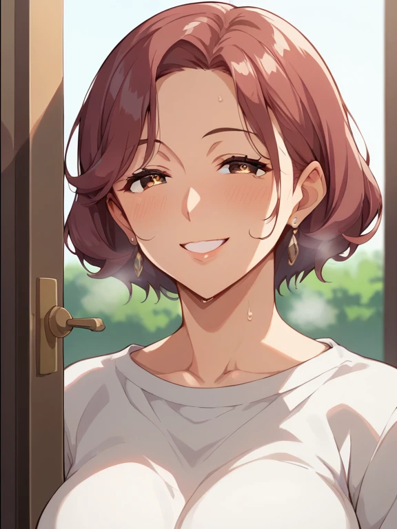  score_9,  score_8_  up,  score_7_  up,  score_6_  up,  score_5_  up,  score_4_  up, Anime, tag1,  tag2, nsfw，  uncensored，quality_Masterpiece,  anatomically accurate， the point of view of the door is open  ，  mature woman，My Grandmother， shiny maroon hair...