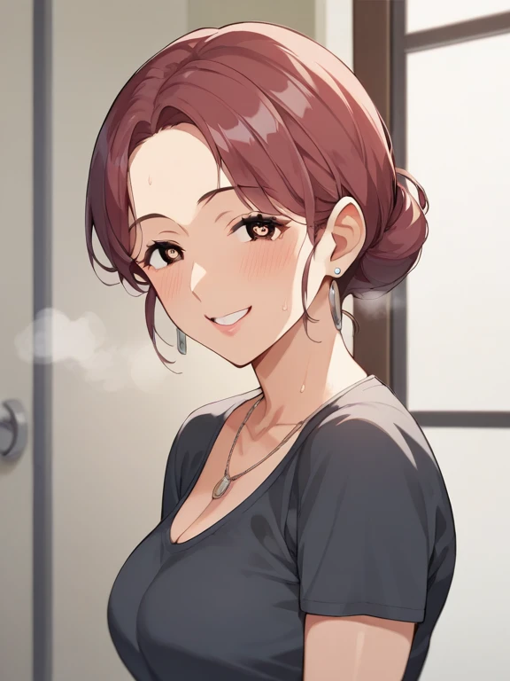  score_9,  score_8_  up,  score_7_  up,  score_6_  up,  score_5_  up,  score_4_  up, Anime, tag1,  tag2, nsfw，  uncensored，quality_Masterpiece,  anatomically accurate， the point of view of the door is open  ，  mature woman，My Grandmother， shiny maroon hair...