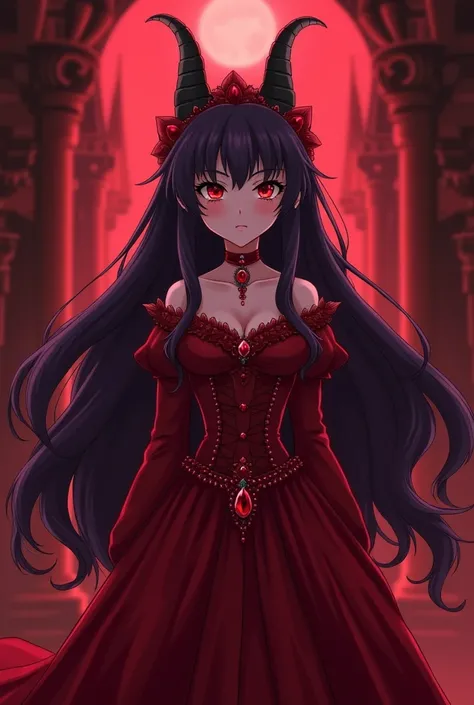   make me an image of a woman ,  Long dark purple hair ,  red eyes, with black dragon horns ,  serious disinterested expression ,  wearing a red Victorian dress with Ruby stones on her clothes and crown,  standing in a red castle .  Make the image anime ve...