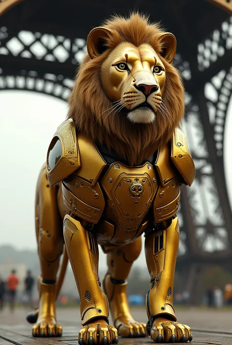 Lion in a high-definition suit created with robotics in the Eifel Tower and gold armor