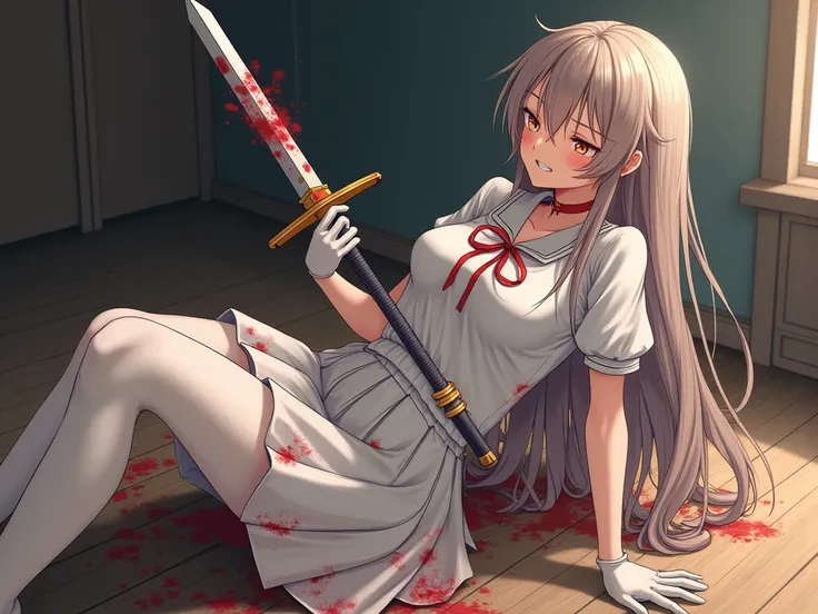   knight ，金髪のロングヘアの anime girl ，white short-sleeved school uniform ，  White Pleated Skirt ，white gloves， white pantyhose ，Holding a sword of thunder in her right hand ,,whole bodyが見える, full body, she's seriously injured  , A fight between a girl and a mons...