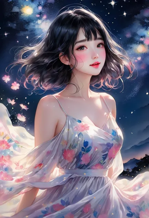  intense watercolor、 young Japanese woman 、white dress with bright flower pattern、 black hair、 pink lips、Cute Face、 moderate breasts at night、 Very Beautiful 、 Close Your Eyes and Smile、Beautiful night view、 starry sky 、 shooting star、 high definition、 bes...