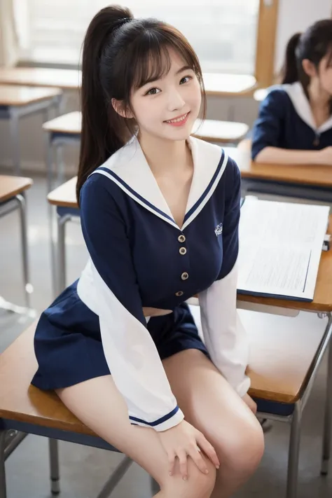  1 girl,  the navy blue sailor suit 、Big Breasts, classroom, study,  sitting at a desk ,  sad expression ,  ponytail、smile