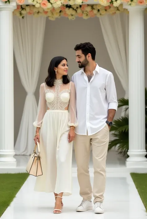  A couple looking forward 
She is a white-skinned European woman wearing a translucent white fabric blouse with a high collar and long sleeves,  all studded with pearls and on top an elegant strapless jumpsuit with structured fabric ,  with pants consistin...