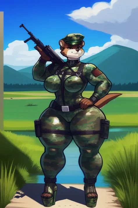 by sligarthetiger, sligarthetiger, by snao, by riendonut, female, (wide hips), (big butt), (thick thighs), (medium breasts) female, mustelid, otter, mammal, anthro, camo high heels, best quality, illustration, tail, white inner ear, choker, camo platform h...