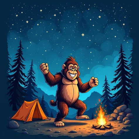 camping logo illustration　dancing gorilla starry sky