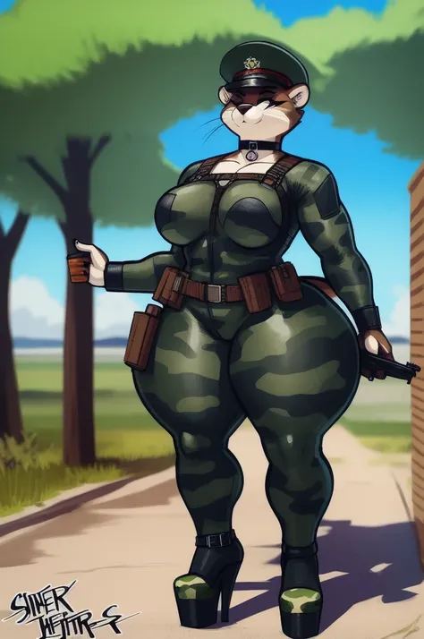 by sligarthetiger, sligarthetiger, by riendonut, female, (wide hips), (big butt), (thick thighs), (medium breasts) female, mustelid, otter, mammal, anthro, camo high heels, best quality, illustration, tail, white inner ear, choker, camo platform heels, sol...