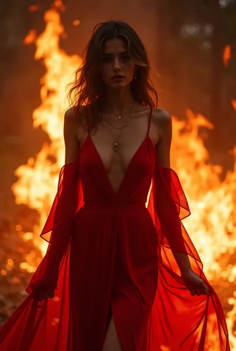 Fille animée avec une robe rouge sexy,   surrounded by flames  , 