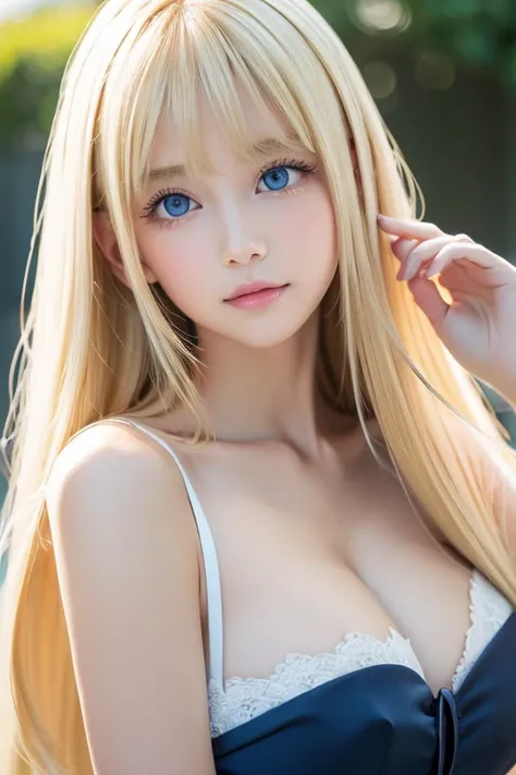  clear, bright white glossy skin 、強風のBlondeがかわいい顔の前で激しくなびく、 huge boobs、 cute sexy little beautiful face of a  、 beautiful super long straight blonde hair that shines 、Big bright mint white classy blue eyes that shine so beautifully、Very big eyes、かわいい目を覆う長い...