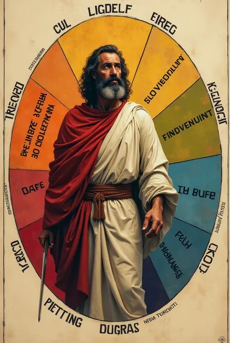  I want an image of Moses , The liberator of Israel ,  in the form of a pie chart ,  around that image I want I want the following words, pursued, suffering, Sovereignty, courage, kindness, fear, insecurity, Merciful, brave,