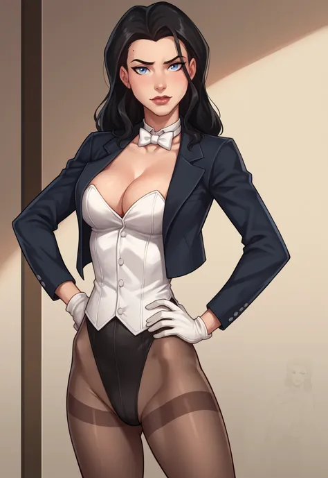 safe_pos, PonyXLV6_Scores BREAK ((parody style, parody), perfect anatomy, perfect eyes, cowboy shot), BREAK zatanna, black hair, blue eyes, flirting, raised eyebrow, ((looking back at viewer)), bowtie, cleavage, jacket, coattails, leotard, pantyhose, white...