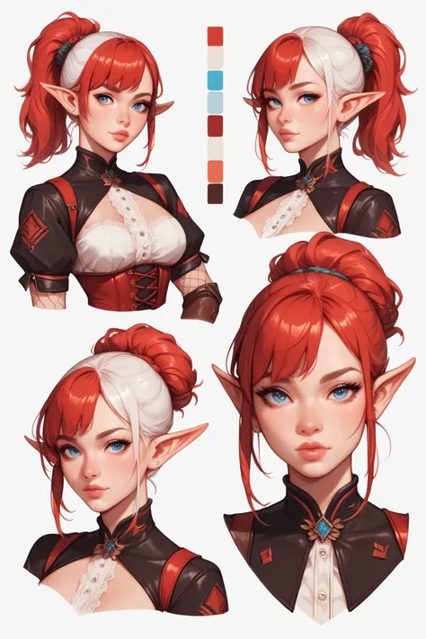 Character reference sheet for a asian looking female elf with a round face, pouty pink lips. With red hair on three quarters 
of the right of her head and white hair on the rest, and  in a ponytail with bangs. With Icey blue eyes. At nigh time, wearing a c...