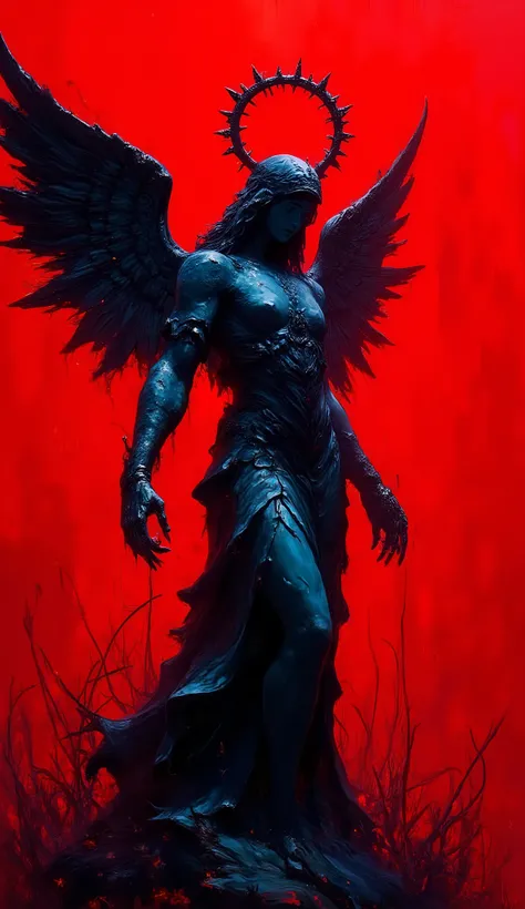 [Angel statue, standing amidst overgrown vegetation, serene yet ominous, bathed in hellish red light], [Digital painting, expressive brushstrokes, painterly], [Greg Rutkowski,  inspiration from Artgerm's dramatic lighting], [High contrast, vibrant red back...