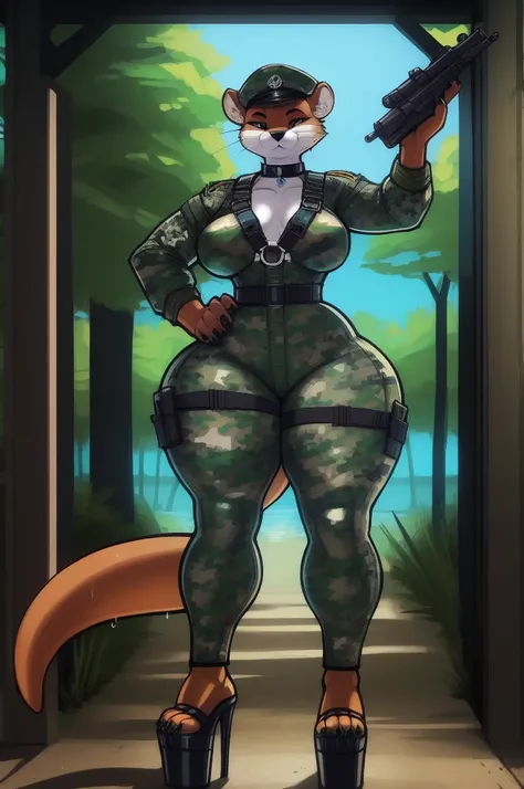 by sligarthetiger, sligarthetiger, by snao, by riendonut, female, (wide hips), (big butt), (thick thighs), (medium breasts) female, mustelid, otter, mammal, anthro, camo high heels, best quality, illustration, tail, white inner ear, choker, camo platform h...