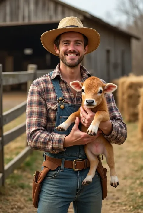 A  of approximately  dressed in farmer's clothes,  including a straw hat ,  plaid shirt and rubber boots ,  holding a calf calf .  The  has a cheerful smile and is in a rural environment with wooden fences,  bundles of hay and a barn in the background . Th...