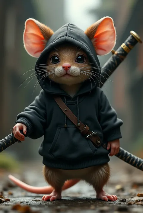 a mouse, with black sweatshirt,  backwards, with a katana hanging from the back, realistic