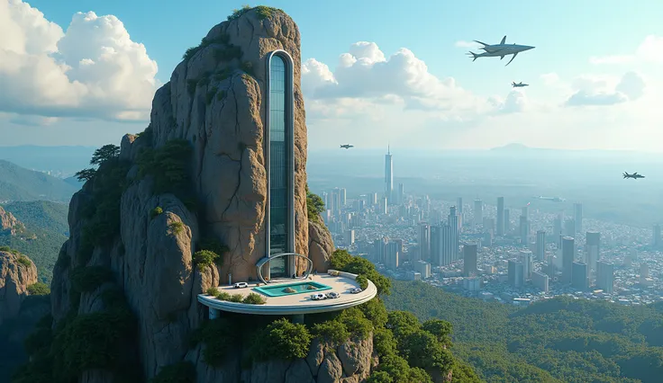 An ultra-realistic futuristic depiction of Sigiriya Lion Rock in Sri Lanka. A sleek glass elevator embedded into the rock's side leads to a luxurious, high-tech hotel perched at the summit. Below the rock, there is an underground parking lot with several f...