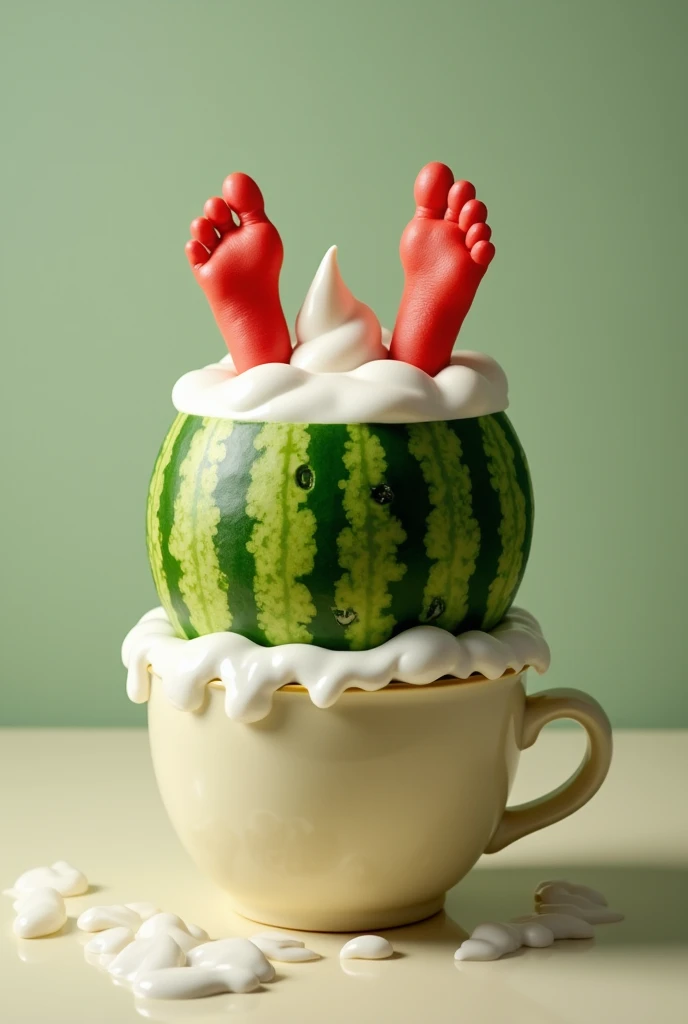 Watermelon with feet sticking out of cup filled with white stuff