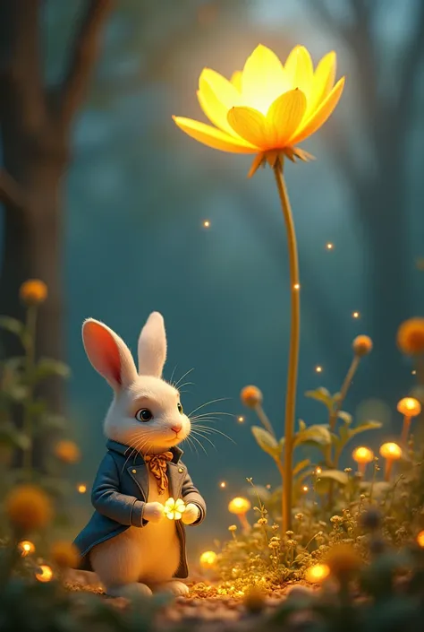 The white rabbit collects glowing golden flowers, with only 1 flower on the top of a tall tree.