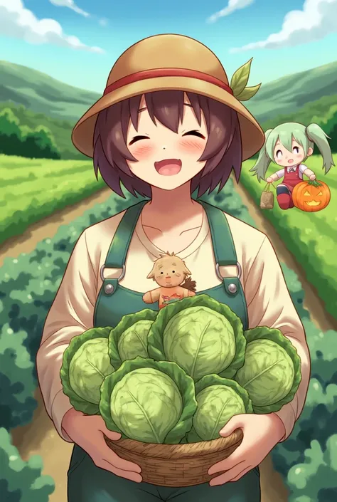  woman in agriculture 、  proudly showing off her cabbage harvest、A doll smiling happily、 A beautiful photo of Chibi Miku doing farm work, smiling happily while showing off her pumpkin harvest 