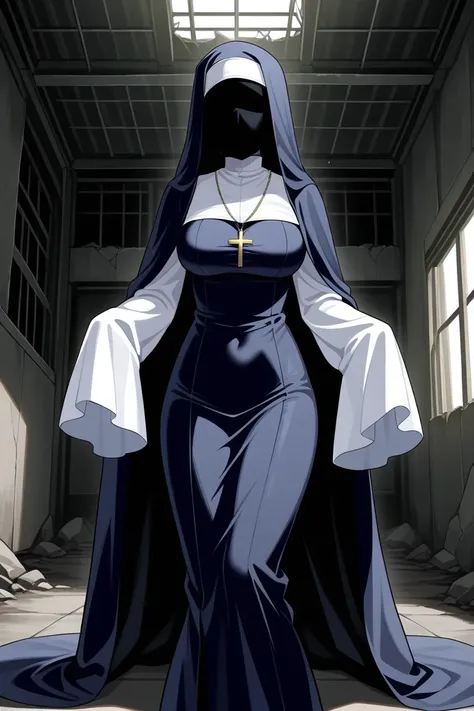 (1girl, solo) Nun, long skirt, long over loose sleeves, faceless, handless, nun outfits, veil face, veil covered face, sleeves past wrists, breasts, sleeves past fingers, long cape, midnight dark blue cape, overly long sleeves, wide open loose sleeves, sca...