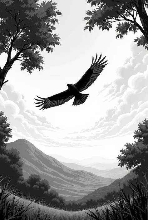 Black and white manga sky with a landscape and leaves moving and a flying hawk 