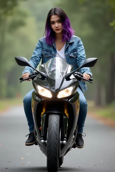 a woman is riding a black sports motorbike, she is wearing a white shirt and a jeans jacket, she is wearing jeans, shoulder length purple hair combined with black, wearing snickers shoes, looking forward, looking camera