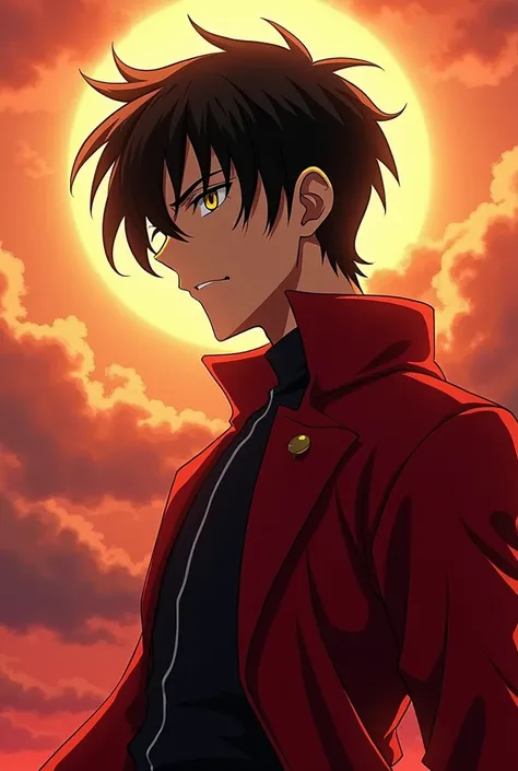 anime Record of Ragnarok character: Dante: is a tall, handsome and muscular young man with golden amber eyes, his body is thin, slender and delicate but with an athletic and muscular build, his facial features are striking and black hair combed to the side...