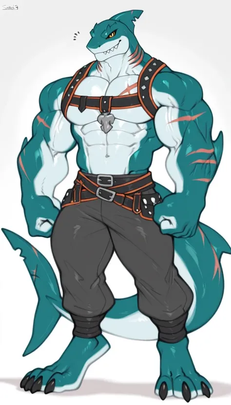 sharkman, anthro megalodon, darker hands and fins, black back, solo, big arms, bara, detailed skin on abs, lizard shark hybrid, anthro, Polynesian tattoos on arms and body, yellow eyes
detailed shark skin, a combination of dark grays, for the shark feature...