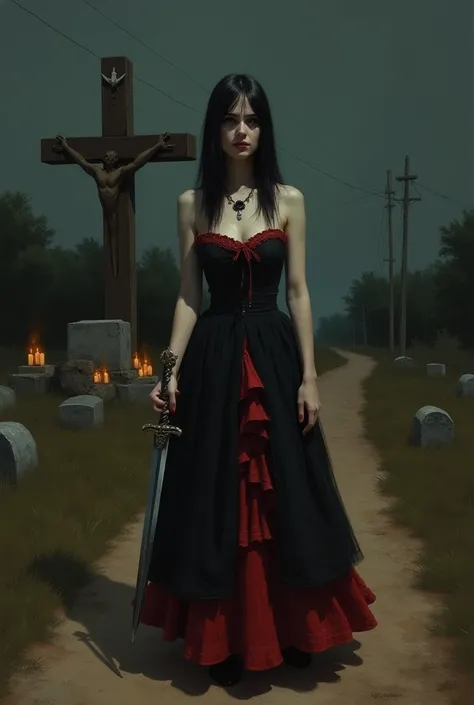 Impressionist painting style of a female entity of a 17-year-old Spanish woman straight long black hair pale skin with a black rose on her left ear, black lipstick necklace with a black ruby pendant and dress, black strapless queen neck blouse, red dress, ...