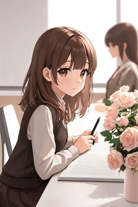 A young girl with brown hair and brown eyes. Her facial features are calm and ish. She wears elegant, simple and non-revealing clothes. She sits in a university runway and writes. The camera shows her from the side. Add some decorations such as roses or fl...