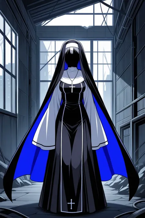 (1girl, solo) Nun, long skirt, long over loose sleeves, faceless, handless, nun outfits, symbol veil, veil face, veil covered face, sleeves past wrists, breasts, sleeves past fingers, long cape, midnight dark blue cape, overly long sleeves, wide open loose...